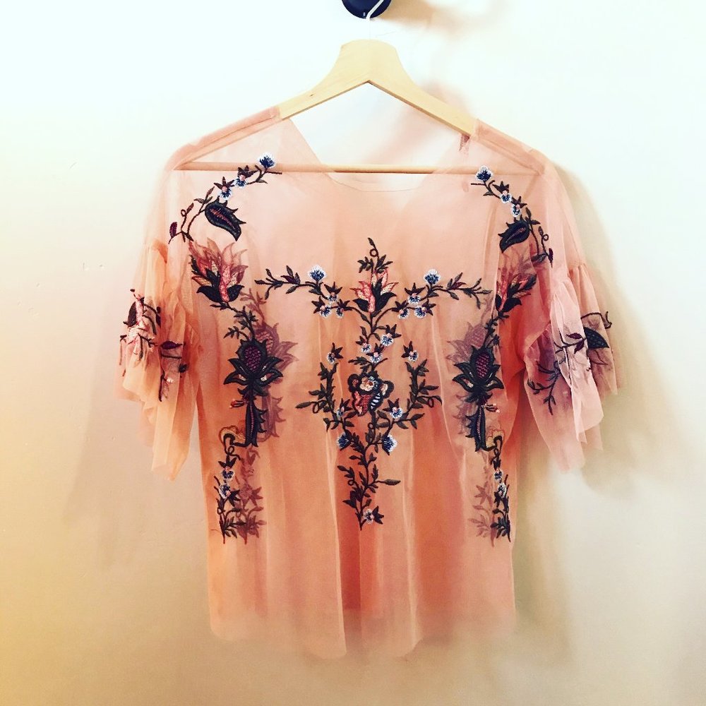 Sheer Peach Lace Floral Embroidered top by Dex